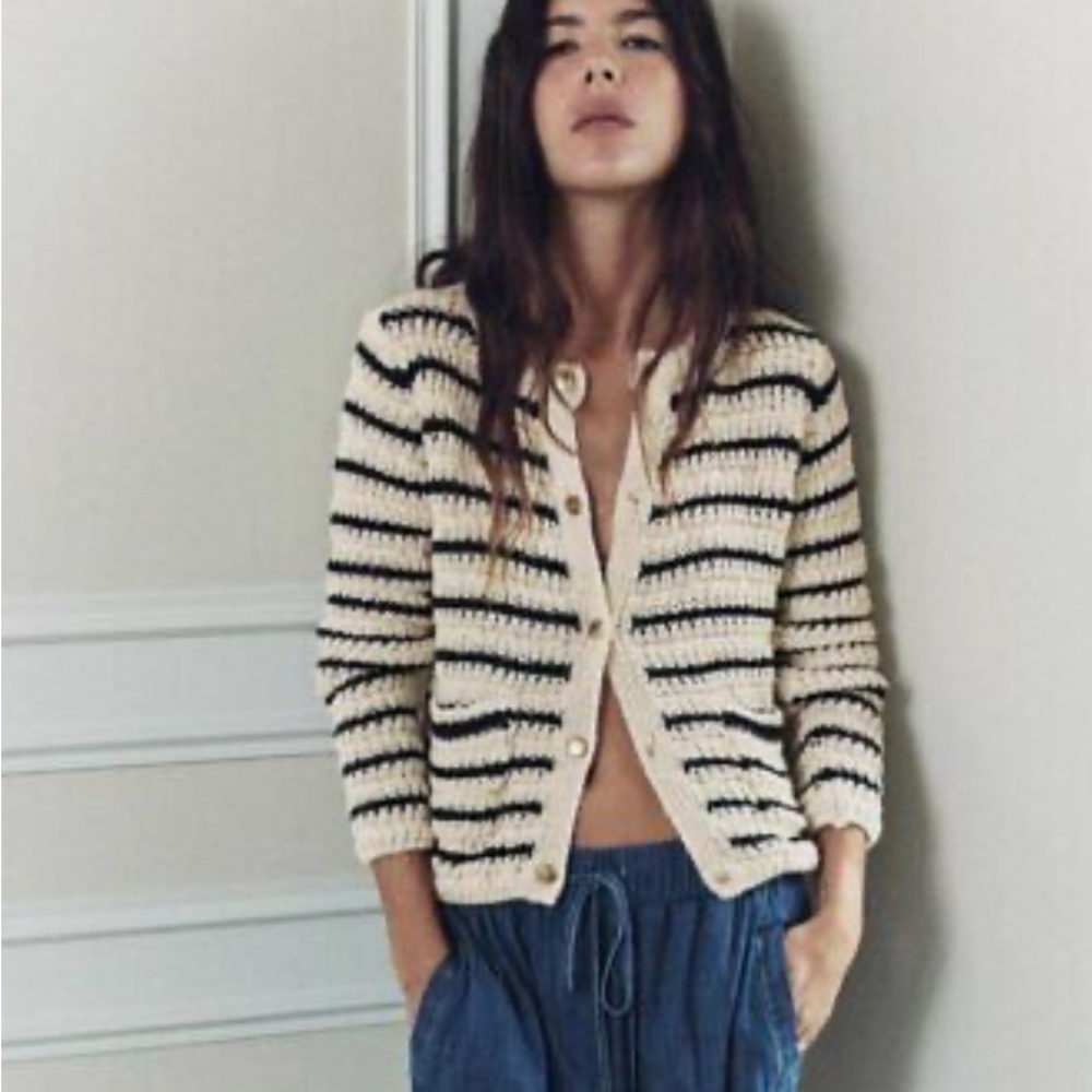 Zara striped knitted cardigan. White with black stripes and gold snaps